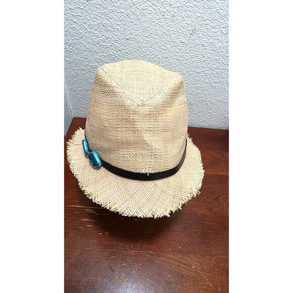 Scala Pronto Women's Natural Woven Straw Fedora Black Band & Blue Stone Accents - Picture 2 of 8